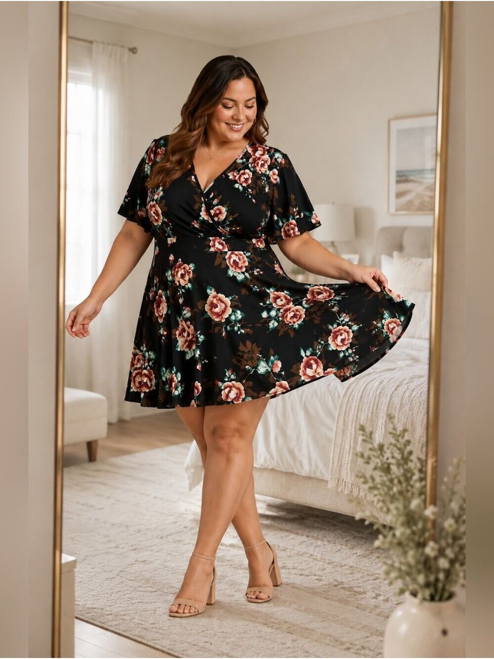 Ahlaray Black Floral Wrap Dress 2X Flutter Sleeve Fit & Flare Plus Size